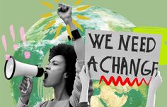 a woman speaking into a megaphone while holding a sign that reads we need a change