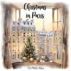 a christmas in paris poster with the eiffel tower seen through an open window