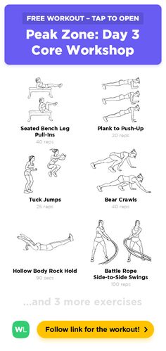 an exercise poster with the words peak zone day 3, core workshop and free workouts