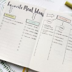 a recipe book is open on top of a table with utensils and pens