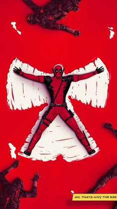 an image of a man with wings on his body in the middle of a red background