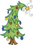 a drawing of a green christmas tree with decorations on it's branches and an ornament in the shape of a star