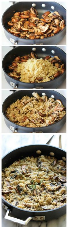 three pictures showing different types of food in pans on the stove top and side by side