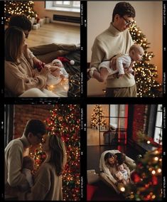 four pictures of a man and woman holding a baby in front of a christmas tree