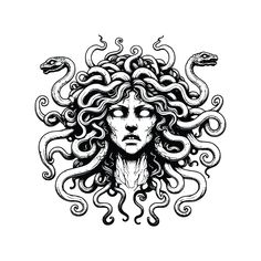 a drawing of a woman with long hair and snakes on her head, in black and white