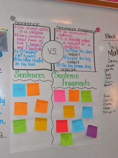 a whiteboard with sticky notes and magnets on it that say sentence recognition,