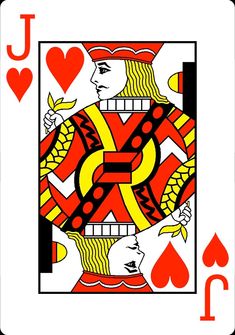 the queen of hearts playing card is shown in red, yellow and black with two hands