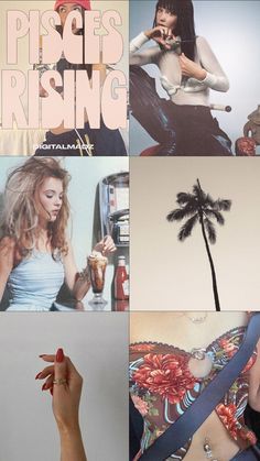 a collage of photos with palm trees and woman in white top holding up her finger