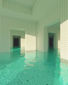 an empty swimming pool with tiled walls and water in the middle is seen from across the room