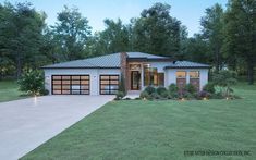 this is a computer rendering of the front elevation of a modern ranch house with two car garages