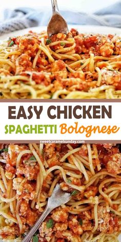 easy chicken spaghetti with sauce and parmesan cheese