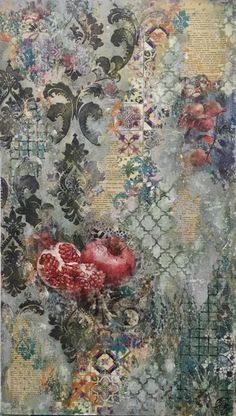 an abstract painting with flowers and other things on the surface, including paper machs