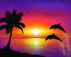 two dolphins jumping out of the water in front of a sunset with palm trees and birds