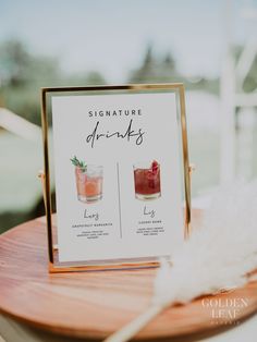 a menu with drinks on it sitting on a table