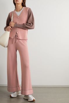 Pink Rose ribbed wool and cashmere-blend straight-leg pants | MADELEINE THOMPSON | NET-A-PORTER Net A Porter Winter, Wfh Fits, College Outfits Winter, London Outfit, Trendy Dress Outfits, Kpop Fashion Outfits, Cashmere Cardigan, Straight Pants, Comfy Outfits