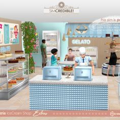 an animated image of people in a bakery