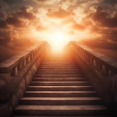 a stairway leading to the light at the end of it with clouds in the background