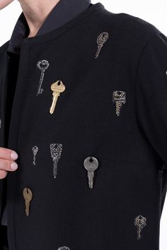 'KEY PARTY' DUSTER COAT – Libertine Button Embellishments Clothing, High Fashion Embroidery, Coat Details, Embellished Coat, Bracelet Sleeve, Pleated Pant, Woman Suit Fashion, Upcycled Fashion, Clothing Details