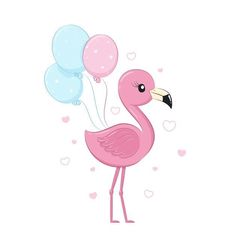 a pink flamingo holding balloons in its beak