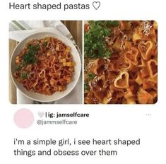 two pictures one with pasta and the other with heart shaped pasta on top of it