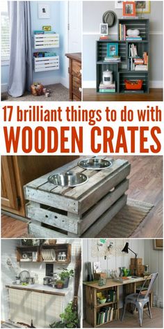 wooden crates are stacked on top of each other with the words 17 brilliant things to do with wooden crates