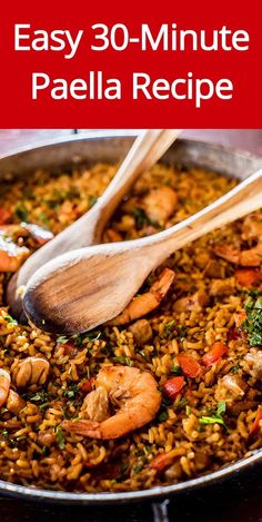 paella recipe with shrimp and rice in a skillet on the stove, ready to be eaten