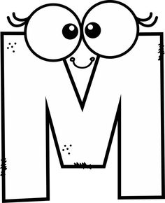 the letter m with eyes and nose drawn in black and white coloring book pages for kids