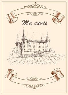 a drawing of a castle with scroll and ribbon around the edges that says, ma cuce