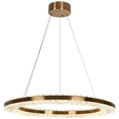 a large circular light fixture with two lights hanging from the ceiling and one is gold