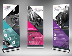 three roll up banners with different colors and shapes