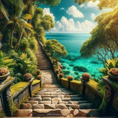 an artistic painting of steps leading to the ocean and trees on either side, with blue water in the background