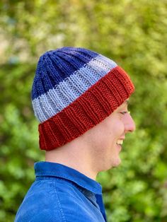 This mens knitted beanie is made with 100% pure Australian wool. It is a ribbed design that can be worn with a brim, as pictured, or as a slouchy without a brim. The colours are a rich denim blue, grey and rust brown in large stripes. Suitable for either men or women, it will co ordinate with many outfits. Sized for teens or adults up to 58cm/22.75inches.  Washing instructions: warm hand or gentle machine wash in a delicates wash bag, on a short gentle cycle. Warm rinse well. Gentle spin dry. Dr Mens Knit Beanie, Knitted Beanie, Wool Beanie, Wash Bag, Men's Knit, Skull Cap Beanie, Knitted Hat, Colour Block, Knit Hat