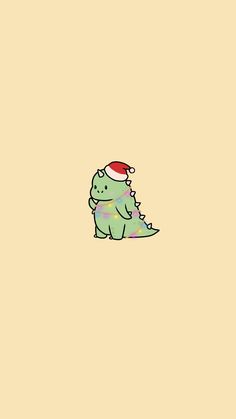 a green dinosaur with a santa hat on it's head, standing in front of a beige background