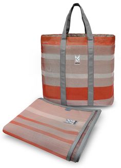 an orange and grey striped tote bag next to a matching blanket on a white background