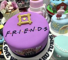 there are many cakes that have the words friends written on them and decorated with fondant