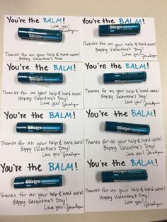 four personalized lip bales with the words you're the balm written on them