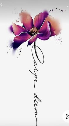 a purple flower on a white background with the word love written in cursive writing