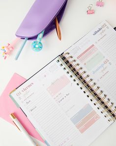 an open planner sitting on top of a desk next to a pen and paper clips