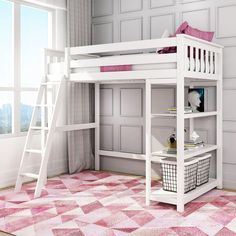 a white loft bed with pink and white decor in a bedroom setting that looks like it could be used as a child's room