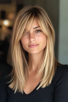 A longer lob with swept-back bangs is perfect for anyone who wants versatility. The swept-back bangs allow you to keep the hair out of your face for a clean look. Bangs Hairstyles For Round Faces, Long Bob Cut With Bangs, Straight Lob With Bangs, Lob With Long Bangs, Slight Bangs, Haircut With Side Bangs, Side Fringe Bangs, Straight Lob, Long Lob