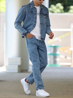 Azul lavado medio Casual CollarLisoEmbellished No-Elástico Blue Jean Jacket Outfits Men, Denim Costume, Denim Outfit Men, Men Denim Jacket, Jeans Outfit Men, Denim Shorts Outfit, Denim Jacket Fashion, Denim Suit, Denim On Denim