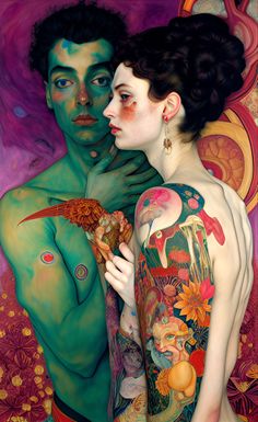 a painting of two people with tattoos on their arms and chest, one holding a bird