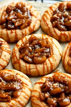 several cookies with caramel sauce on top