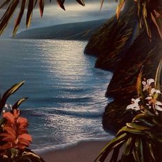 an image of the ocean with flowers and palm trees