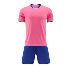 a pink and blue soccer jersey with shorts on the bottom, in front of a white background