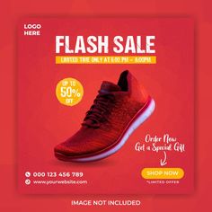 a flyer for a flash sale with a red sneaker on the bottom and white soles