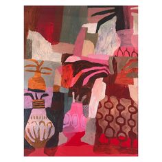 an abstract painting of vases and flowers on a red background with black, white, pink, orange, and green colors