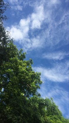 an airplane flying through the blue sky with trees in the foreground and clouds in the background