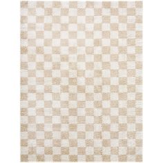 a beige and white checkered rug on a white background with no one in it