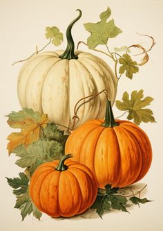 three pumpkins and leaves on a white background